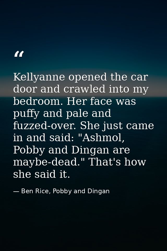 Kellyanne opened the car door and crawled into my bedroom. Her face was puffy and pale and fuzzed-over. She just came in — Ben Rice, Pobby and Dingan