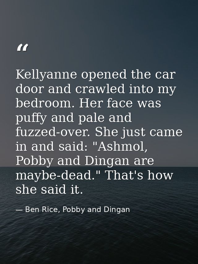 Kellyanne opened the car door and crawled into my bedroom. Her face was puffy and pale and fuzzed-over. She just came in — Ben Rice, Pobby and Dingan