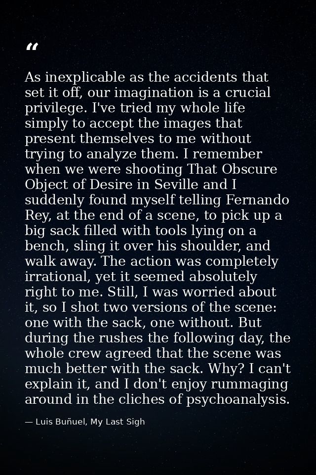 As inexplicable as the accidents that set it off, our imagination is a crucial privilege. I've tried my whole life simpl — Luis Buñuel, My Last Sigh