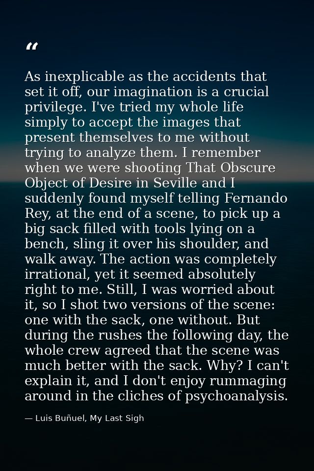 As inexplicable as the accidents that set it off, our imagination is a crucial privilege. I've tried my whole life simpl — Luis Buñuel, My Last Sigh