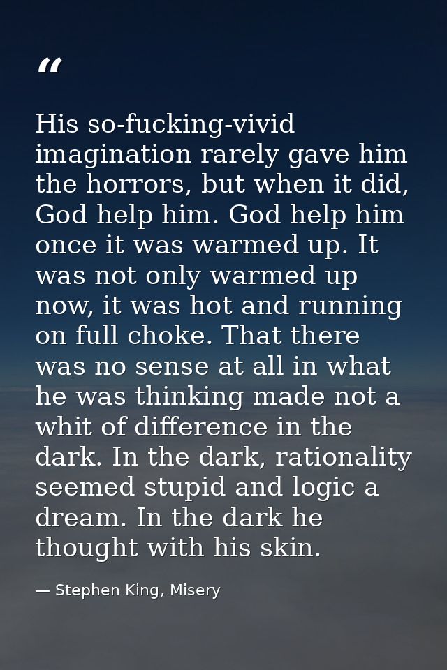 His so-fucking-vivid imagination rarely gave him the horrors, but when it did, God help him. God help him once it was wa — Stephen King, Misery