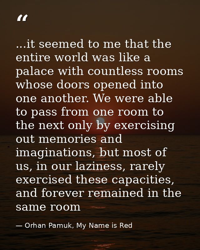 ...it seemed to me that the entire world was like a palace with countless rooms whose doors opened into one another. We  — Orhan Pamuk, My Name is Red