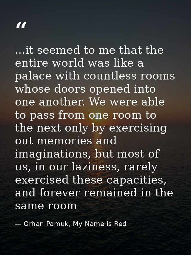 ...it seemed to me that the entire world was like a palace with countless rooms whose doors opened into one another. We  — Orhan Pamuk, My Name is Red