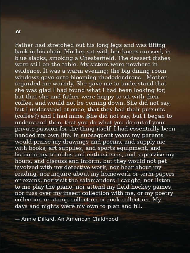 Father had stretched out his long legs and was tilting back in his chair. Mother sat with her knees crossed, in blue sla — Annie Dillard, An American Childhood