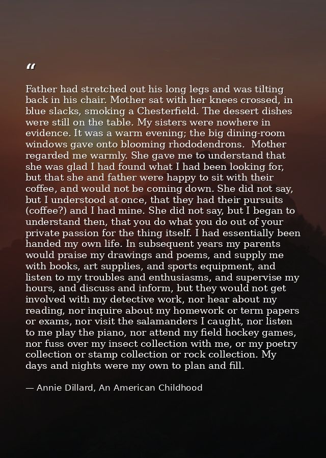 Father had stretched out his long legs and was tilting back in his chair. Mother sat with her knees crossed, in blue sla — Annie Dillard, An American Childhood