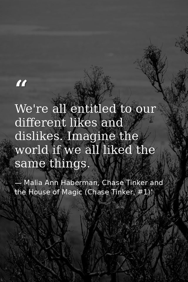 We're all entitled to our different likes and dislikes. Imagine the world if we all liked the same things. — Malia Ann Haberman, Chase Tinker and the House of Magic (Chase Tinker, #1)'