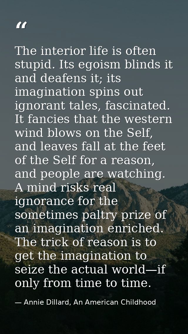 The interior life is often stupid. Its egoism blinds it and deafens it; its imagination spins out ignorant tales, fascin — Annie Dillard, An American Childhood