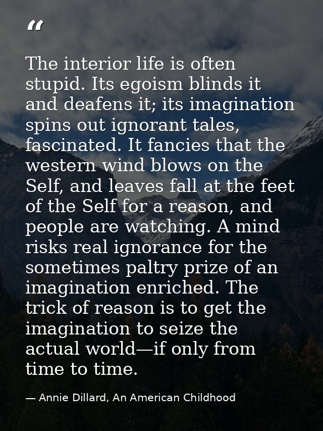The interior life is often stupid. Its egoism blinds it and deafens it; its imagination spins out ignorant tales, fascin — Annie Dillard, An American Childhood