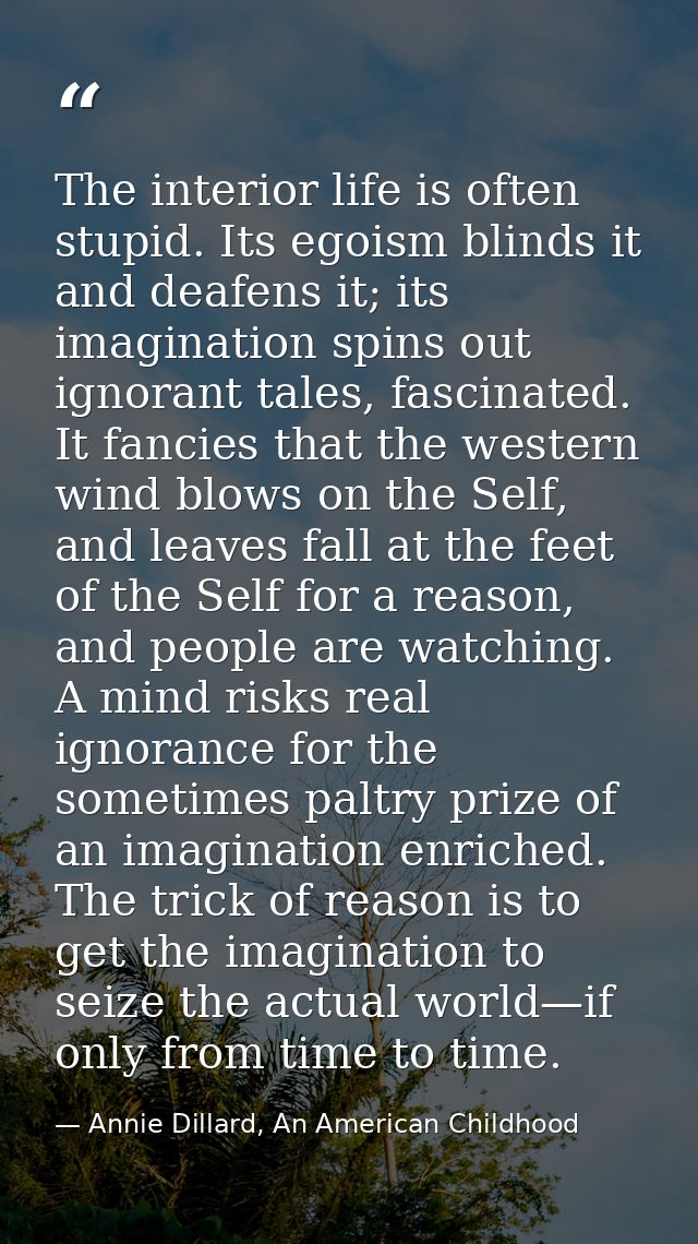 The interior life is often stupid. Its egoism blinds it and deafens it; its imagination spins out ignorant tales, fascin — Annie Dillard, An American Childhood