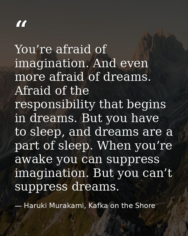 You’re afraid of imagination. And even more afraid of dreams. Afraid of the responsibility that begins in dreams. But yo — Haruki Murakami, Kafka on the Shore