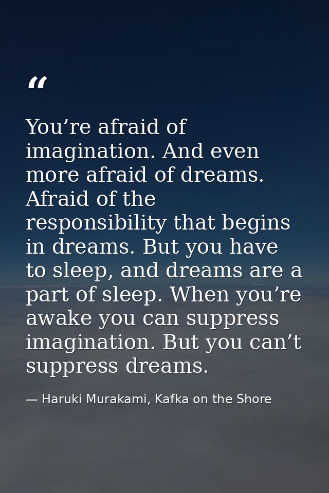 You’re afraid of imagination. And even more afraid of dreams. Afraid of the responsibility that begins in dreams. But yo — Haruki Murakami, Kafka on the Shore