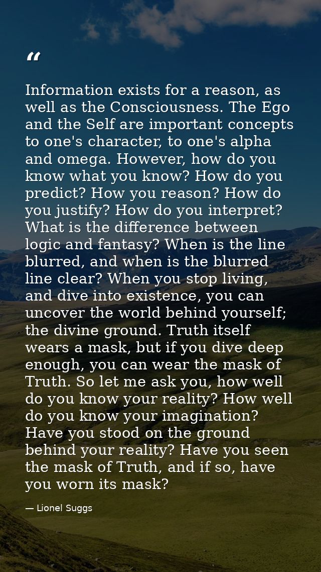 Information exists for a reason, as well as the Consciousness. The Ego and the Self are important concepts to one's char — Lionel Suggs