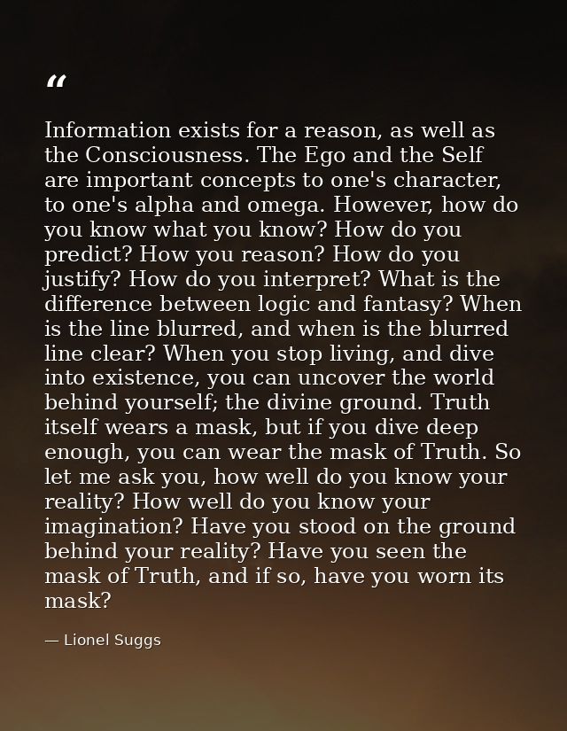Information exists for a reason, as well as the Consciousness. The Ego and the Self are important concepts to one's char — Lionel Suggs