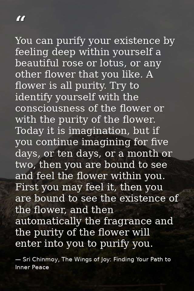 You can purify your existence by feeling deep within yourself a beautiful rose or lotus, or any other flower that you li — Sri Chinmoy, The Wings of Joy: Finding Your Path to Inner Peace