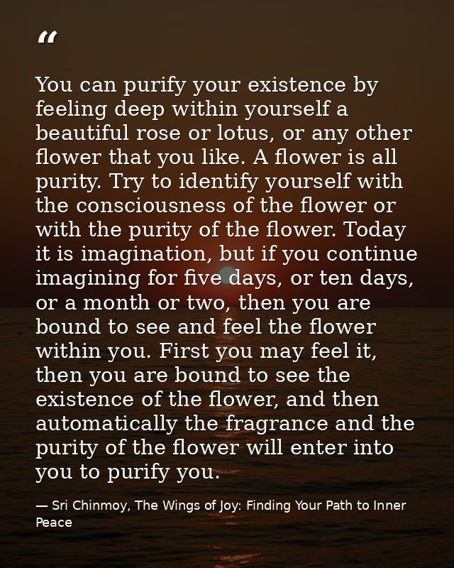 You can purify your existence by feeling deep within yourself a beautiful rose or lotus, or any other flower that you li — Sri Chinmoy, The Wings of Joy: Finding Your Path to Inner Peace