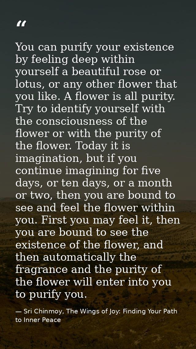 You can purify your existence by feeling deep within yourself a beautiful rose or lotus, or any other flower that you li — Sri Chinmoy, The Wings of Joy: Finding Your Path to Inner Peace
