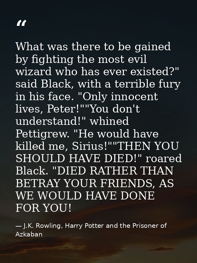 What was there to be gained by fighting the most evil wizard who has ever existed?" said Black, with a terrible fury in  — J.K. Rowling, Harry Potter and the Prisoner of Azkaban