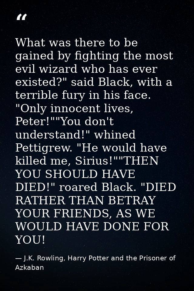 What was there to be gained by fighting the most evil wizard who has ever existed?" said Black, with a terrible fury in  — J.K. Rowling, Harry Potter and the Prisoner of Azkaban