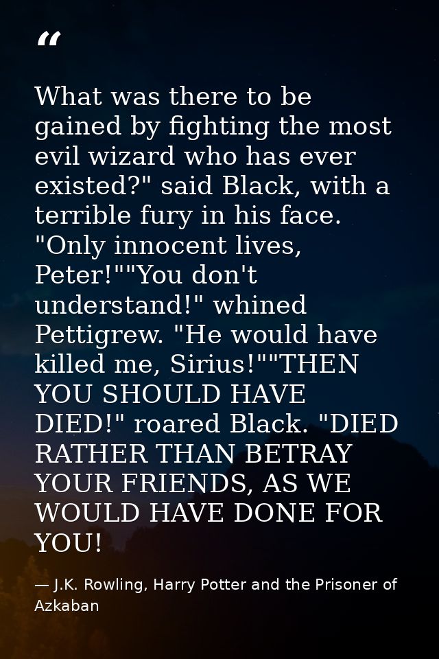 What was there to be gained by fighting the most evil wizard who has ever existed?" said Black, with a terrible fury in  — J.K. Rowling, Harry Potter and the Prisoner of Azkaban