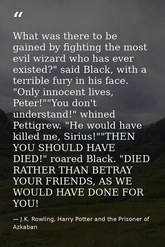 What was there to be gained by fighting the most evil wizard who has ever existed?" said Black, with a terrible fury in  — J.K. Rowling, Harry Potter and the Prisoner of Azkaban