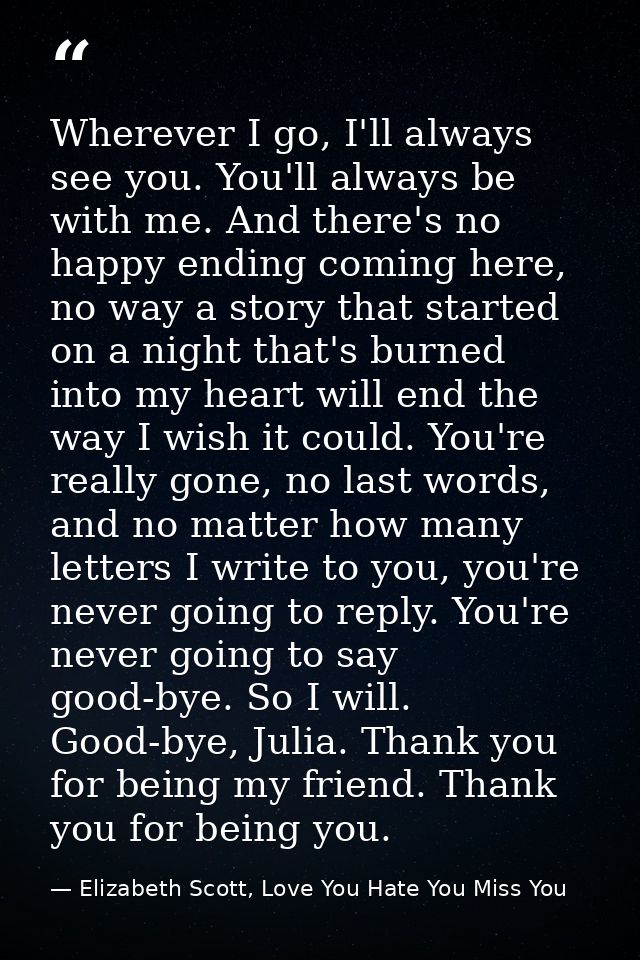 Wherever I go, I'll always see you. You'll always be with me. And there's no happy ending coming here, no way a story th — Elizabeth Scott, Love You Hate You Miss You