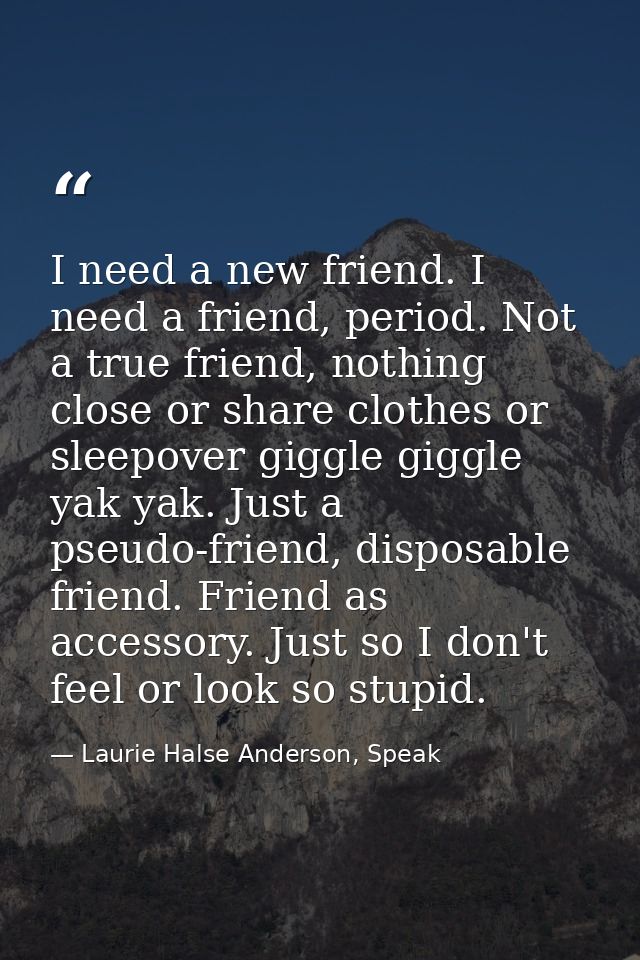 I need a new friend. I need a friend, period. Not a true friend, nothing close or share clothes or sleepover giggle gigg — Laurie Halse Anderson, Speak