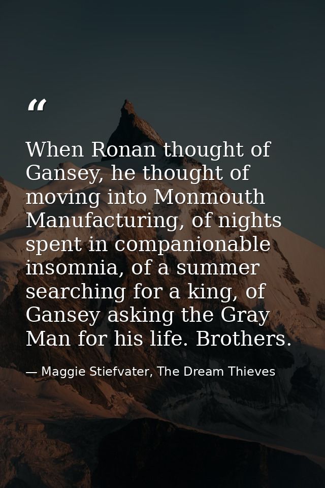 When Ronan thought of Gansey, he thought of moving into Monmouth Manufacturing, of nights spent in companionable insomni — Maggie Stiefvater, The Dream Thieves