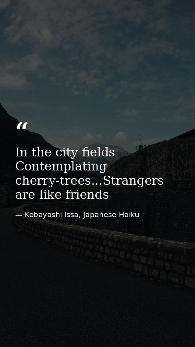 In the city fields Contemplating cherry-trees...Strangers are like friends — Kobayashi Issa, Japanese Haiku