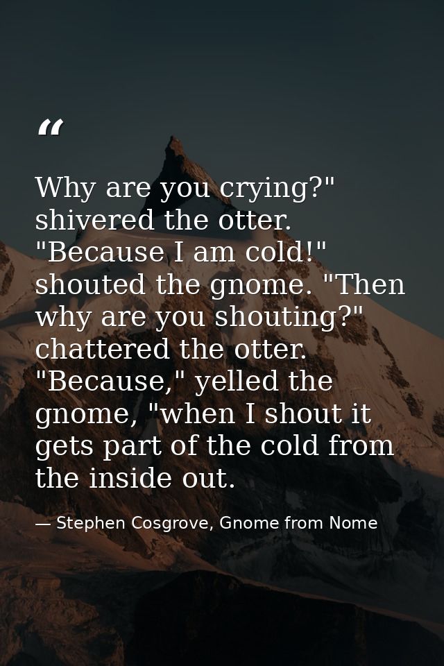 Why are you crying?" shivered the otter. "Because I am cold!" shouted the gnome. "Then why are you shouting?" chattered  — Stephen Cosgrove, Gnome from Nome