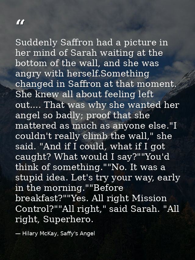 Suddenly Saffron had a picture in her mind of Sarah waiting at the bottom of the wall, and she was angry with herself.So — Hilary McKay, Saffy's Angel