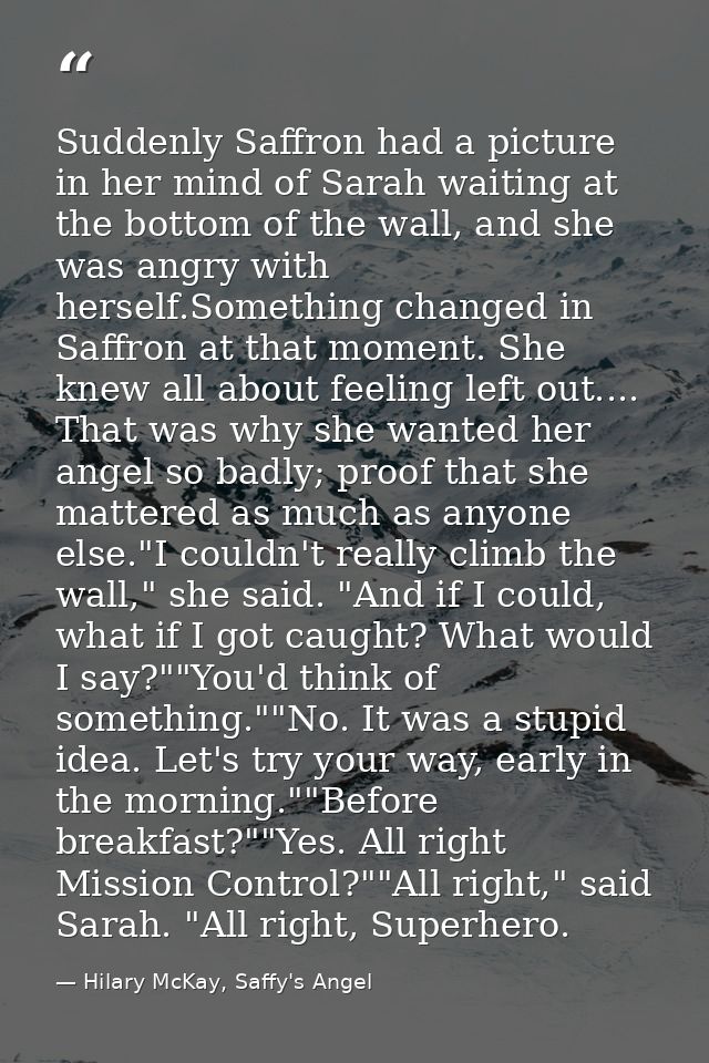 Suddenly Saffron had a picture in her mind of Sarah waiting at the bottom of the wall, and she was angry with herself.So — Hilary McKay, Saffy's Angel