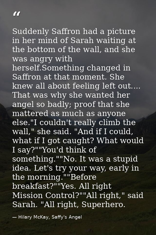 Suddenly Saffron had a picture in her mind of Sarah waiting at the bottom of the wall, and she was angry with herself.So — Hilary McKay, Saffy's Angel