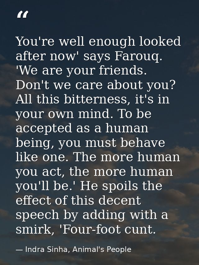 You're well enough looked after now' says Farouq. 'We are your friends. Don't we care about you? All this bitterness, it — Indra Sinha, Animal's People