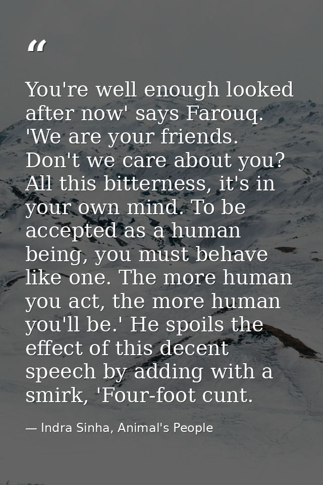 You're well enough looked after now' says Farouq. 'We are your friends. Don't we care about you? All this bitterness, it — Indra Sinha, Animal's People