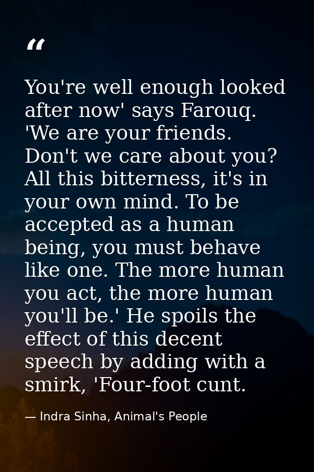 You're well enough looked after now' says Farouq. 'We are your friends. Don't we care about you? All this bitterness, it — Indra Sinha, Animal's People