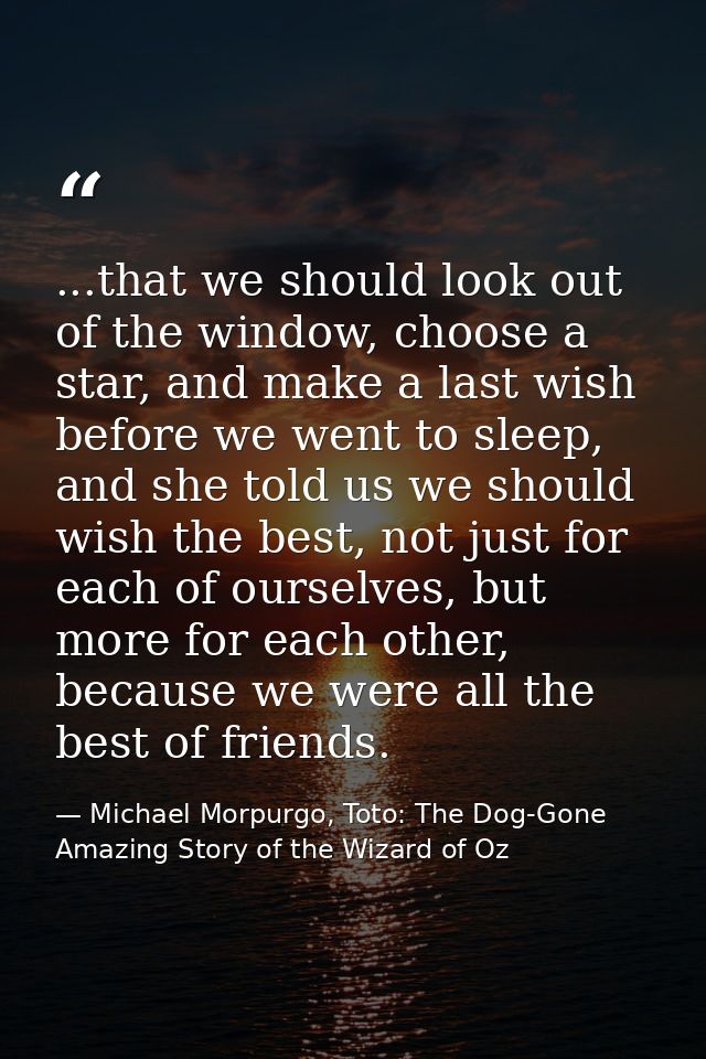 ...that we should look out of the window, choose a star, and make a last wish before we went to sleep, and she told us w — Michael Morpurgo, Toto: The Dog-Gone Amazing Story of the Wizard of Oz