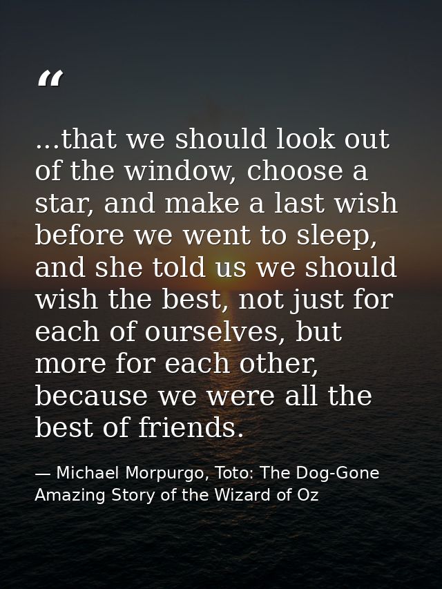 ...that we should look out of the window, choose a star, and make a last wish before we went to sleep, and she told us w — Michael Morpurgo, Toto: The Dog-Gone Amazing Story of the Wizard of Oz