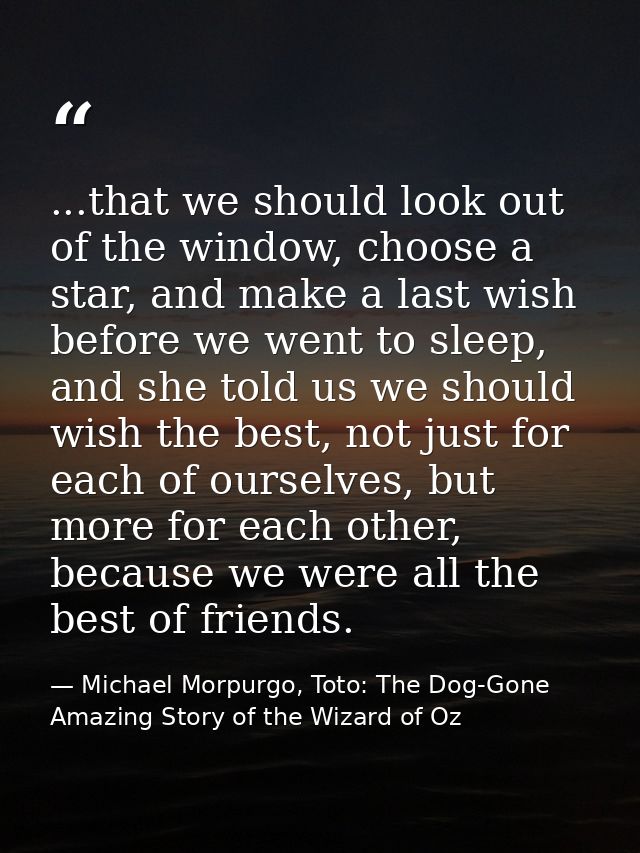 ...that we should look out of the window, choose a star, and make a last wish before we went to sleep, and she told us w — Michael Morpurgo, Toto: The Dog-Gone Amazing Story of the Wizard of Oz