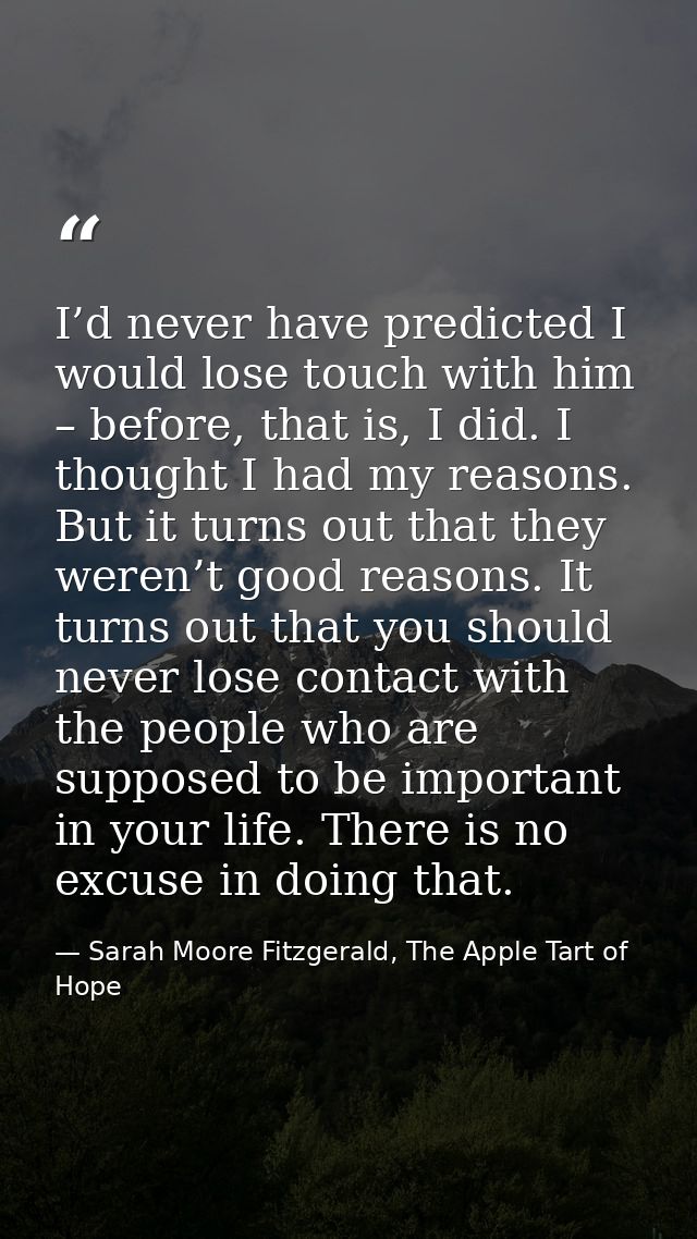 I’d never have predicted I would lose touch with him – before, that is, I did. I thought I had my reasons. But it turns  — Sarah Moore Fitzgerald, The Apple Tart of Hope