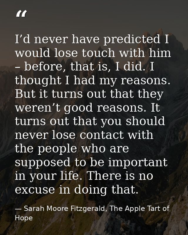 I’d never have predicted I would lose touch with him – before, that is, I did. I thought I had my reasons. But it turns  — Sarah Moore Fitzgerald, The Apple Tart of Hope