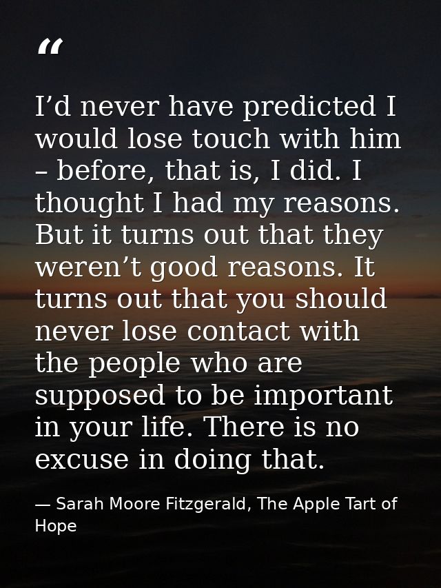 I’d never have predicted I would lose touch with him – before, that is, I did. I thought I had my reasons. But it turns  — Sarah Moore Fitzgerald, The Apple Tart of Hope