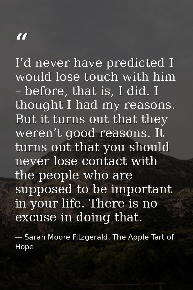 I’d never have predicted I would lose touch with him – before, that is, I did. I thought I had my reasons. But it turns  — Sarah Moore Fitzgerald, The Apple Tart of Hope