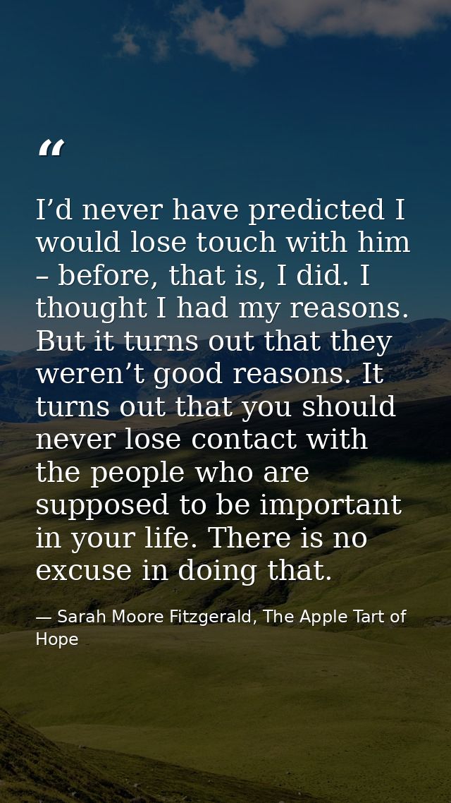 I’d never have predicted I would lose touch with him – before, that is, I did. I thought I had my reasons. But it turns  — Sarah Moore Fitzgerald, The Apple Tart of Hope