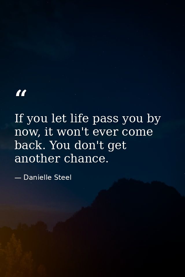 If you let life pass you by now, it won't ever come back. You don't get another chance. — Danielle Steel