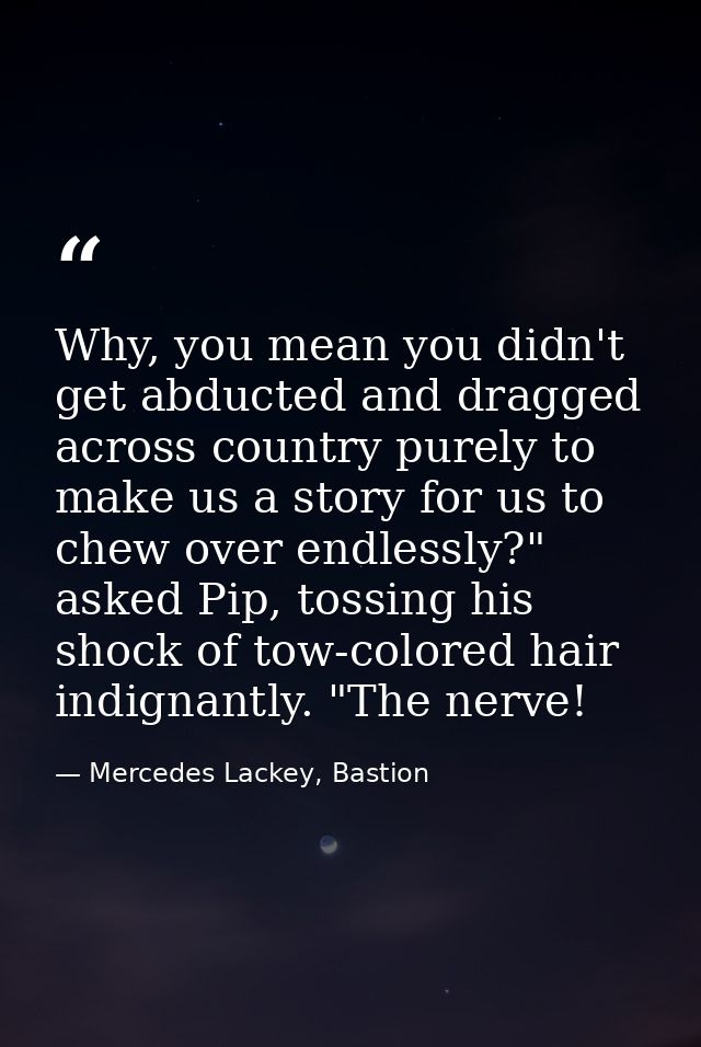 Why, you mean you didn't get abducted and dragged across country purely to make us a story for us to chew over endlessly — Mercedes Lackey, Bastion