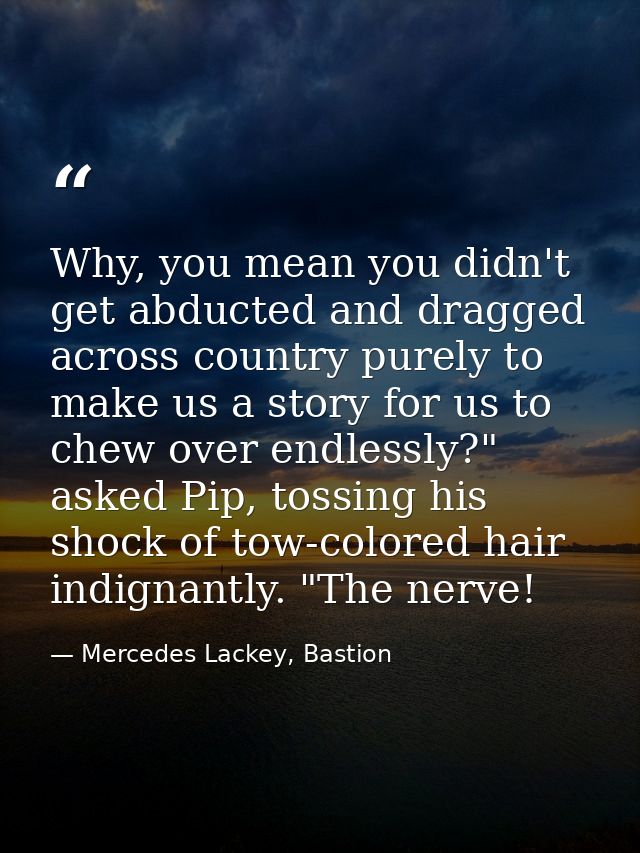 Why, you mean you didn't get abducted and dragged across country purely to make us a story for us to chew over endlessly — Mercedes Lackey, Bastion