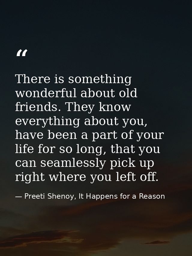 There is something wonderful about old friends. They know everything about you, have been a part of your life for so lon — Preeti Shenoy, It Happens for a Reason