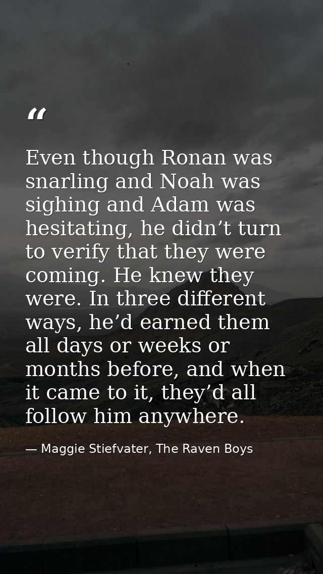 Even though Ronan was snarling and Noah was sighing and Adam was hesitating, he didn’t turn to verify that they were com — Maggie Stiefvater, The Raven Boys