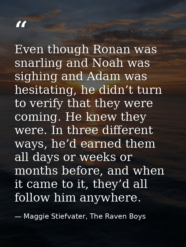 Even though Ronan was snarling and Noah was sighing and Adam was hesitating, he didn’t turn to verify that they were com — Maggie Stiefvater, The Raven Boys