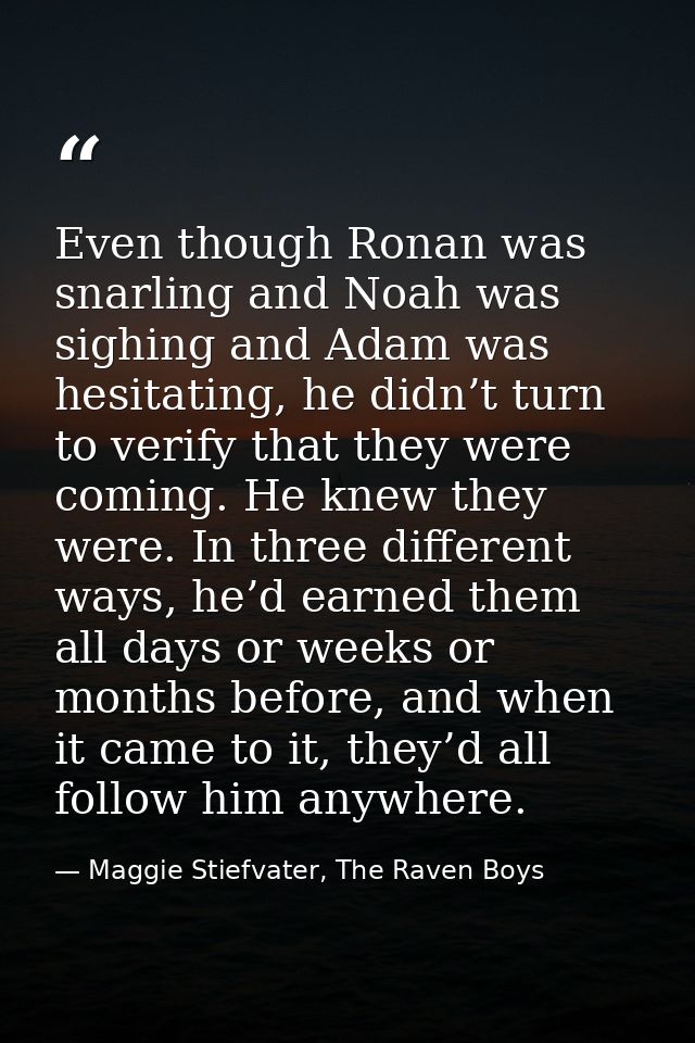 Even though Ronan was snarling and Noah was sighing and Adam was hesitating, he didn’t turn to verify that they were com — Maggie Stiefvater, The Raven Boys